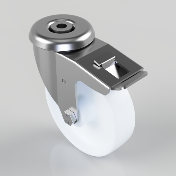 Metal swivel caster with a white wheel and a brake lever on the metal housing, used for furniture or equipment.
