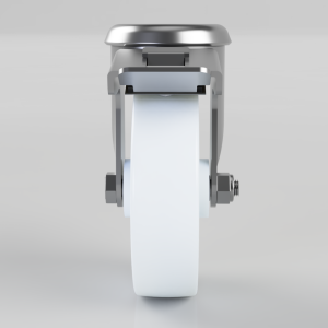Front view of a metal tape dispenser with a white tape roll feeding through it