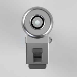 Front view of a metallic camera mount with a circular lens on top of a small bracket.