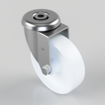 Swivel caster wheel with a white tire and metal mounting bracket, including a small brake lever