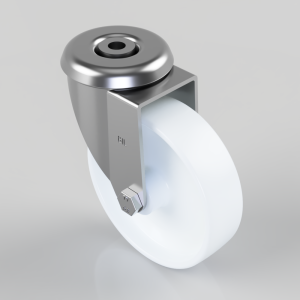 Swivel caster wheel with a white tire and metal mounting bracket, including a small brake lever