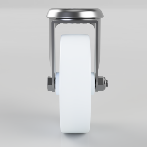 Single white caster wheel mounted in a metal frame with side bolts, shown front-on.