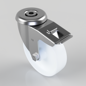 Metal swivel caster with a brake lever and a white wheel, shown in a close-up.