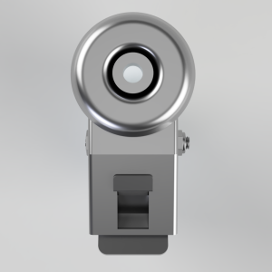 Front view of a silver circular flash head mounted on a compact gray studio flash unit.