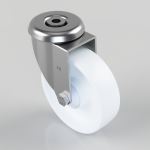 Swivel caster wheel with a silver metal housing and white wheel, mounted on an axle bolt','Metal mounting bracket and white caster wheel used for furniture or carts, showing a swiveling wheel','Industrial caster wheel with chrome-plated housing and large white wheel for equipment or furniture applications','A heavy-duty caster wheel assembly featuring a rounded metal top and a central bolt','Wheel caster with chrome finish and thick white wheel, designed for smooth rolling on floors