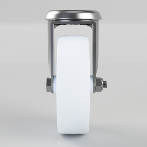 Front view of a metal ratchet buckle with a white strap threaded through, used to secure cargo.