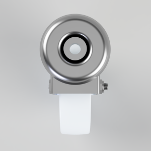 Close-up of a shiny metal pulley or wheel mounted on a small bracket with a white strap attached, viewed from above