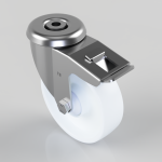 Industrial caster wheel with a metal bracket and a built-in brake lever visible on the frame.