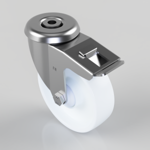 Industrial caster wheel with a metal bracket and a built-in brake lever visible on the frame.