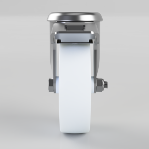 Front view of a metal caster wheel assembly with a white wheel and braking/bracket mechanism (industrial caster)