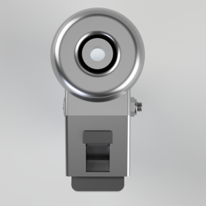 Silver studio flash head mounted on an adjustable bracket, facing forward with a circular reflector.