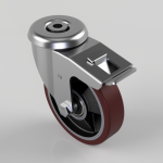 Industrial swivel caster wheel with a red polyurethane tire and a brake lever on top plate