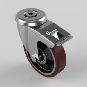 Industrial swivel caster wheel with a red polyurethane tire and a brake lever on top plate