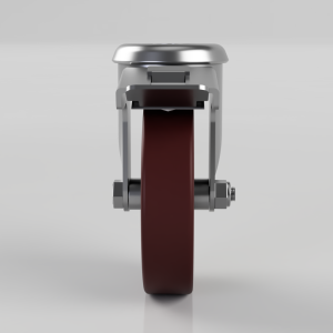 Close-up of a swivel caster wheel with a braking mechanism attached to a red wheel, metal frame.