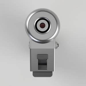 Front view of a silver security camera lens mounted on an adjustable bracket.