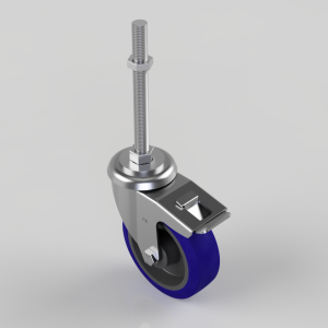 Heavy-duty caster with blue wheel and threaded mounting stem for furniture or equipment.