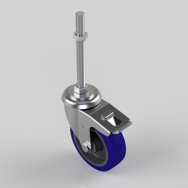 Heavy-duty caster with blue wheel and threaded mounting stem for furniture or equipment.