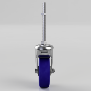 Industrial caster wheel with a blue polyurethane wheel and a tall threaded stem for mounting