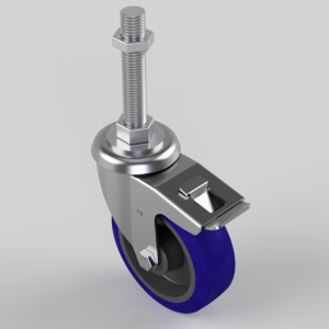 Industrial caster wheel with blue polyurethane wheel and threaded stem for mounting in equipment or furniture.