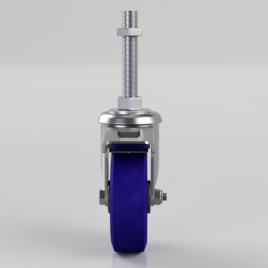 Industrial caster wheel with a blue polyurethane wheel and threaded stem in a chrome housing, front view