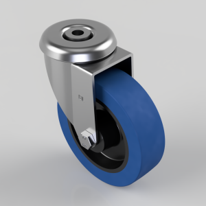 Swivel caster wheel with a blue polyurethane tire and chrome metal housing.