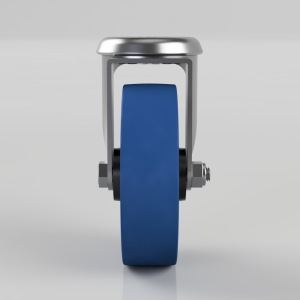 Front view of a blue wheel mounted in a metal caster frame with bolts on each side.