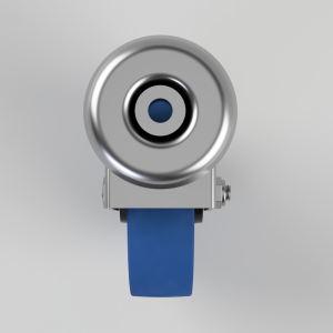 Front view of a shiny silver circular wheel mounted on a metal bracket with a blue strap hanging below.