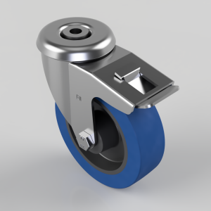 Blue polyurethane caster wheel with chrome-plated swivel housing and top-mount brake lever, viewed at an angle.