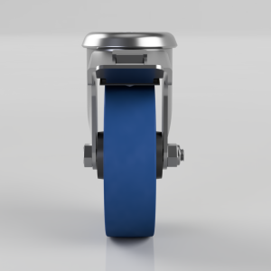 Front view of a blue caster wheel with a metal bracket and locking mechanism behind the wheel.