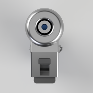 Close-up of a silver machine part: a round, wheel-like head atop a rectangular bracket on a gray background.
