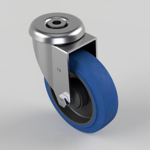 Swivel caster wheel with blue polyurethane tire and metal mounting bracket on a gray background.