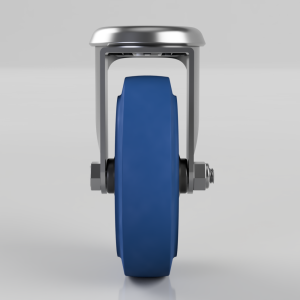 Front view of a blue industrial caster wheel with metal frame and mounting bolts