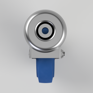 Close-up of a round metallic camera lens with a blue strap attached to a gray mounting.
