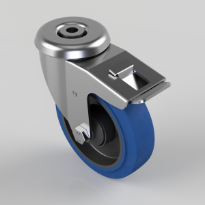 Swivel caster with a blue polyurethane wheel and a metal brake lever on top for stopping motion.
