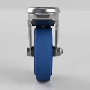 Front view of a blue rubber caster wheel with a silver metal frame and mounting plate, viewed head-on.