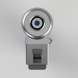 Front view of a silver metal camera/sensor module with a circular lens and mounting bracket.