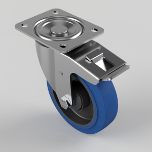 Blue Elastic Rubber 65ShoreA Plate Swivel Castor Brake 125mm 250kg Load