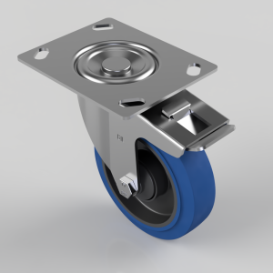 Blue Elastic Rubber 65ShoreA Plate Swivel Castor Brake 125mm 250kg Load