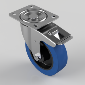 Blue Elastic Rubber 65ShoreA Plate Swivel Castor Brake 125mm 250kg Load