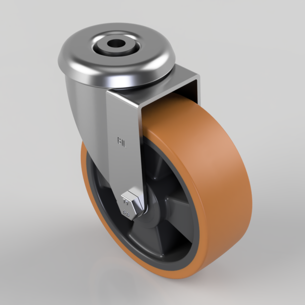 Caster wheel with orange polyurethane tire mounted on a silver metal housing and stem bolt