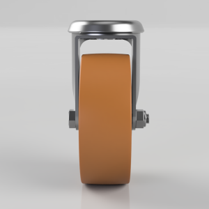 Orange polyurethane caster wheel with a metal mounting frame, viewed from the front on a gray background, as used on furniture or equipment.