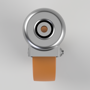 Front view of a shiny metal camera lens with an orange strap attached to a small bracket, head-on