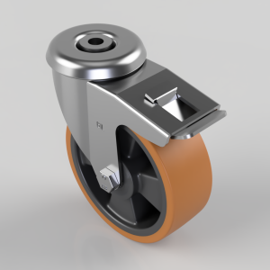Caster wheel with orange polyurethane tire and silver metal brake housing on a gray mounting stem (industrial caster).