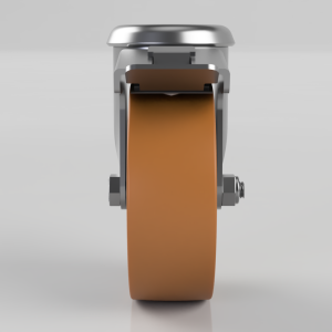 Front view of a swivel caster wheel with an orange polyurethane tire and metal braking lever on top.