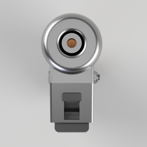 Close-up of a silver circular camera lens mounted on a gray metal bracket, seen from above against a light gray background