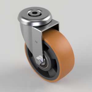 Industrial caster wheel with an orange polyurethane tire and metal swivel fork used on carts or equipment.