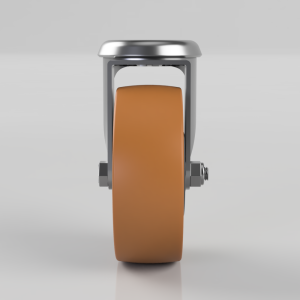 Front view of an orange polyurethane caster wheel with a metal frame and bolts on both sides.
