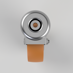 Front view of a silver circular camera lens mounted on a gray bracket with an orange strap underneath.