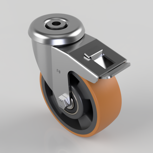 Swivel caster wheel with orange polyurethane tire and metal mounting bracket, shown from a slightly elevated angle.