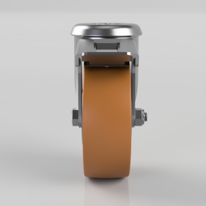 Front view of a metal swivel caster with an orange wheel.
